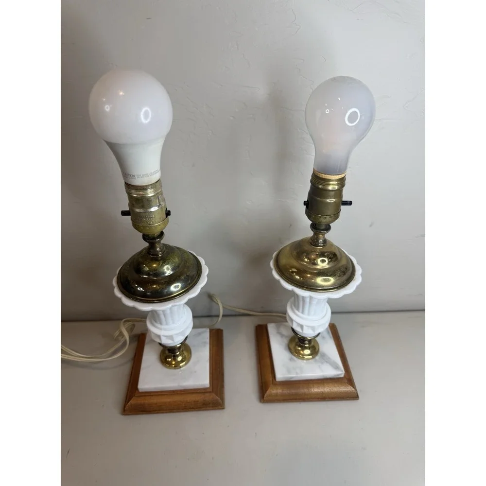 Vintage Milk Glass Brass Urn Table Lamps Marble Wood Base Mid Century Set